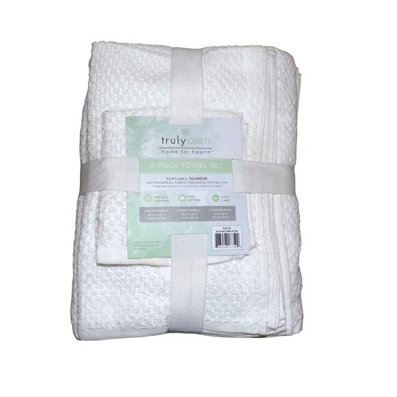 Truly Calm Towels Set of 6, 100% Cotton Antimicrobial NWT White - Picture 1 of 3